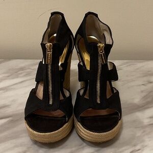 Michael Kors Damita Wedge Black Canvas Platform Sandal Gold Zip